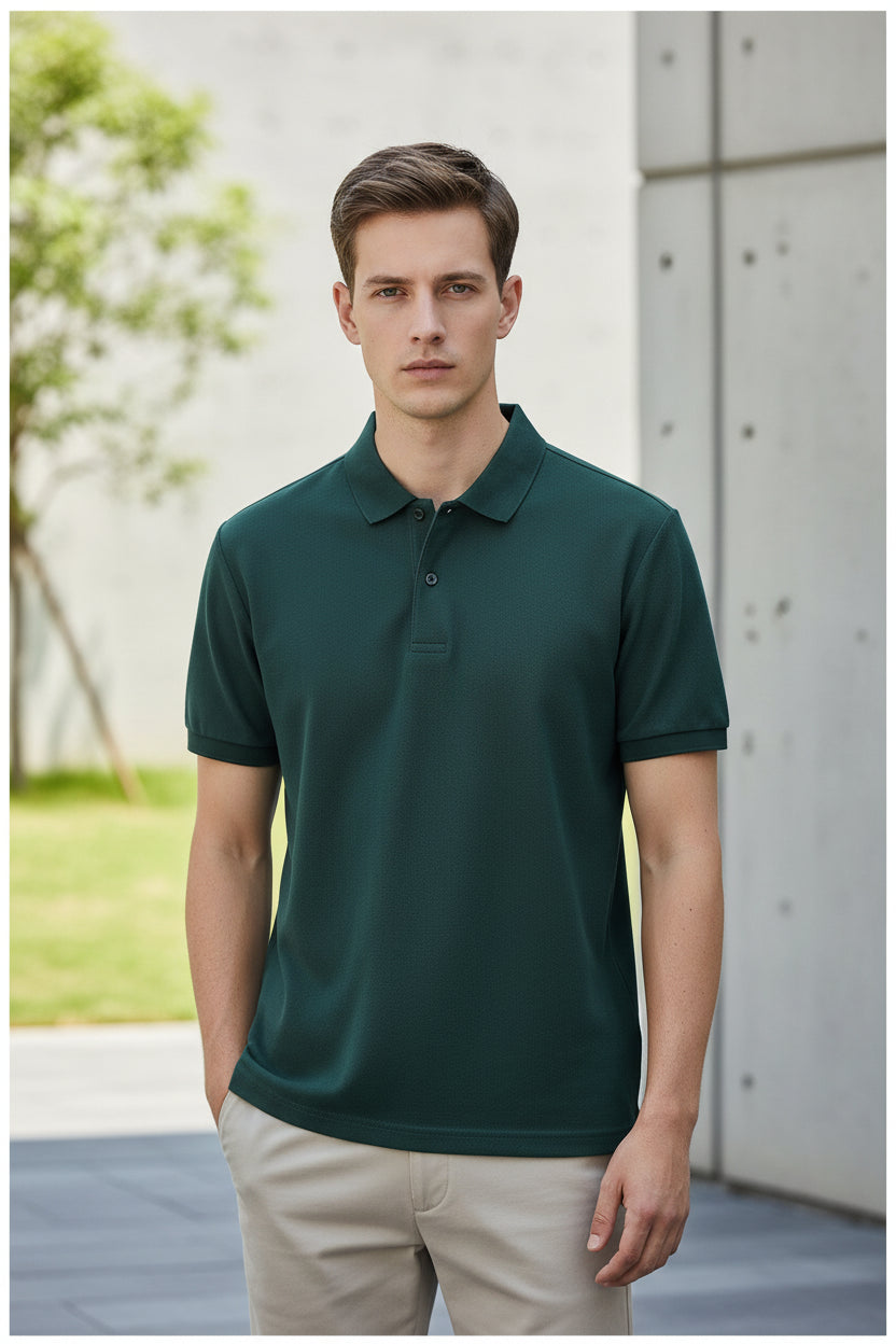 Green polo shirt held by a hand with other shirts in the background