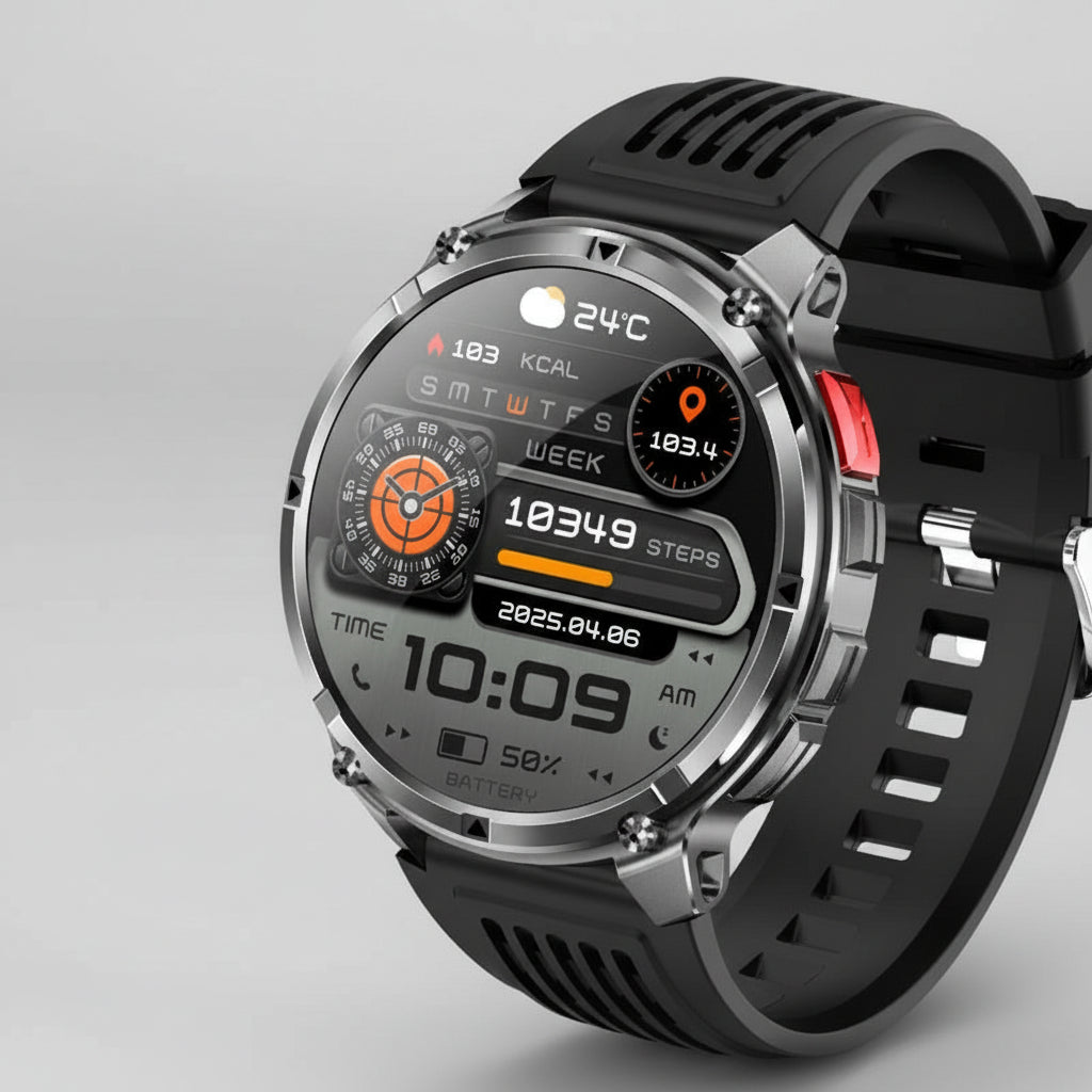 Smartwatch with features highlighted on a dark background