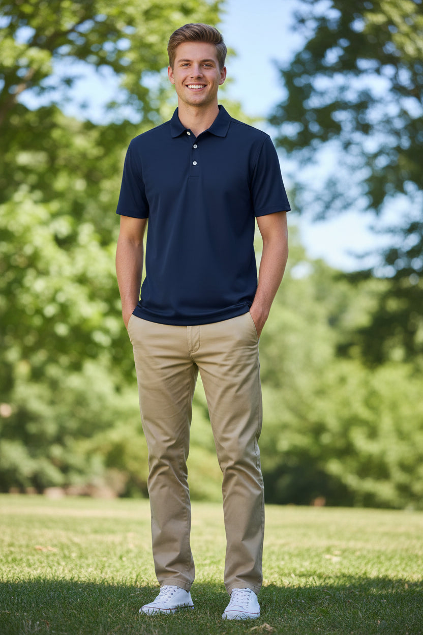 Navy blue polo shirt on a white background