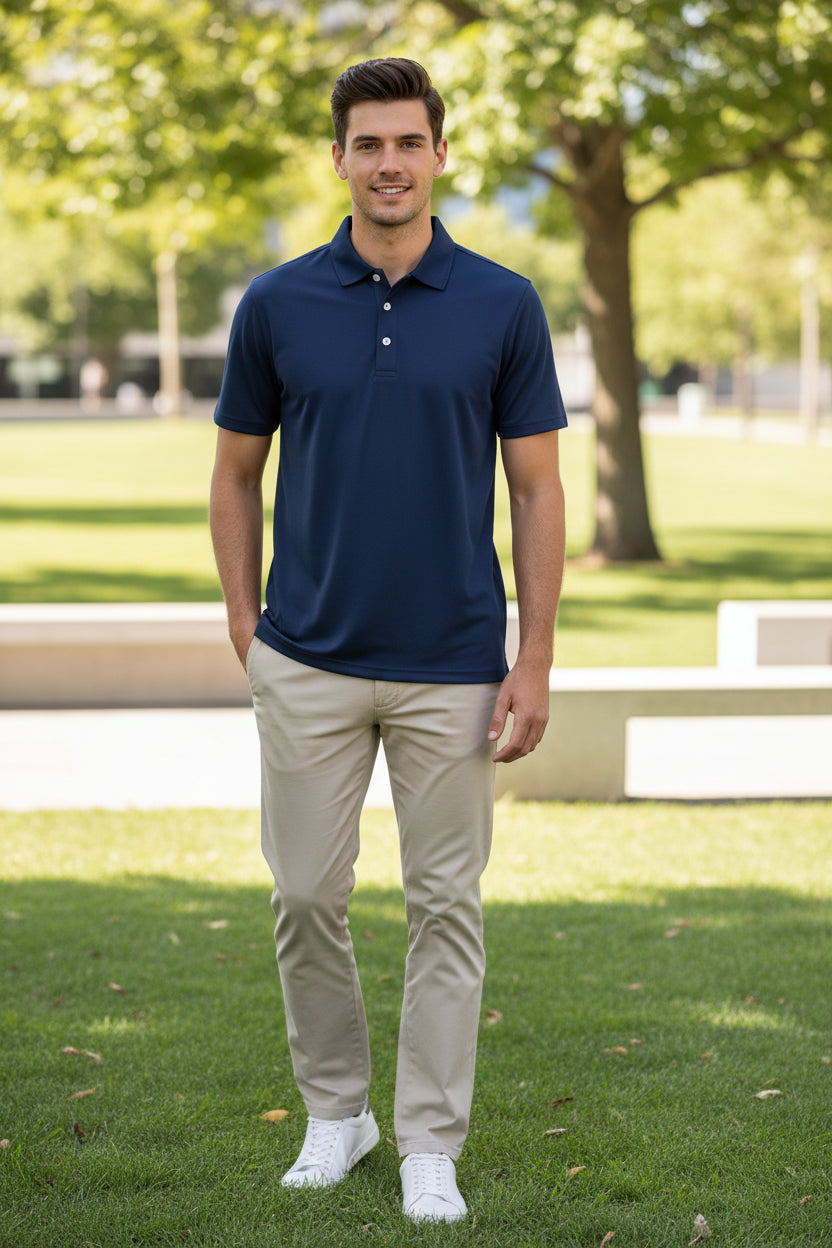Navy blue polo shirt on a white background