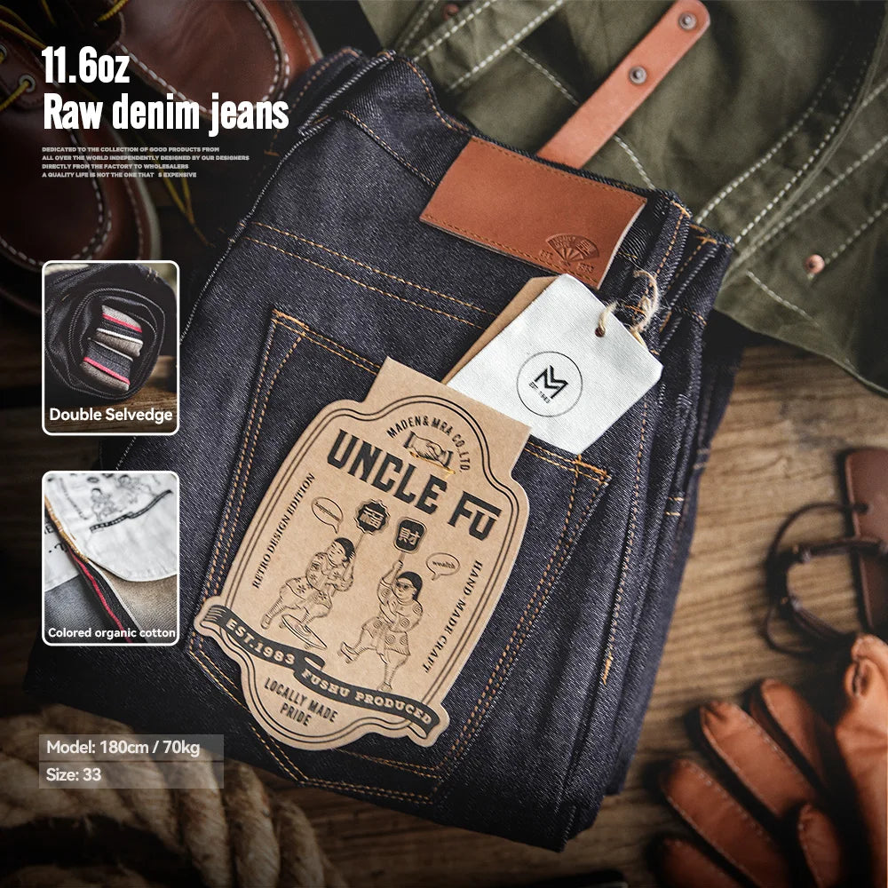 Raw denim jeans with 'Uncle Fu' label on a rustic background