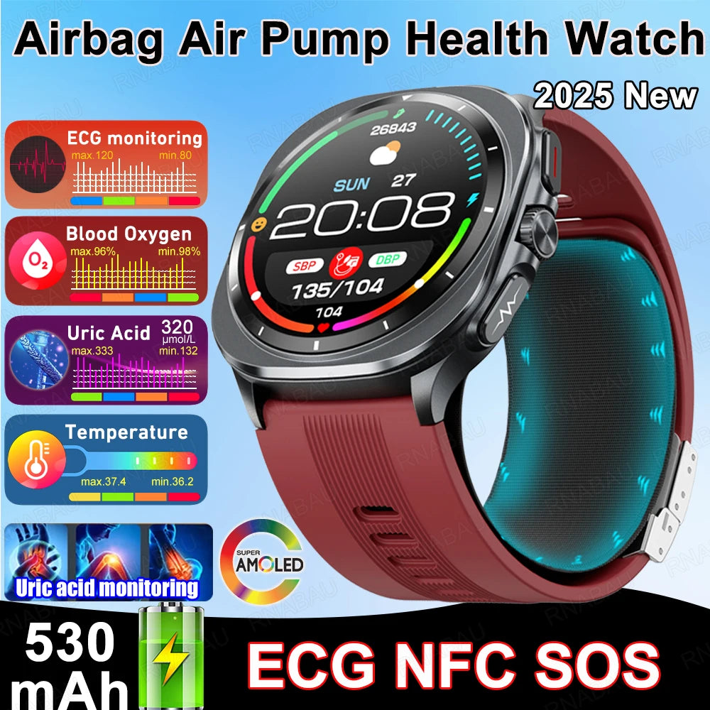 Smartwatch with red band and health monitoring features on a blue background
