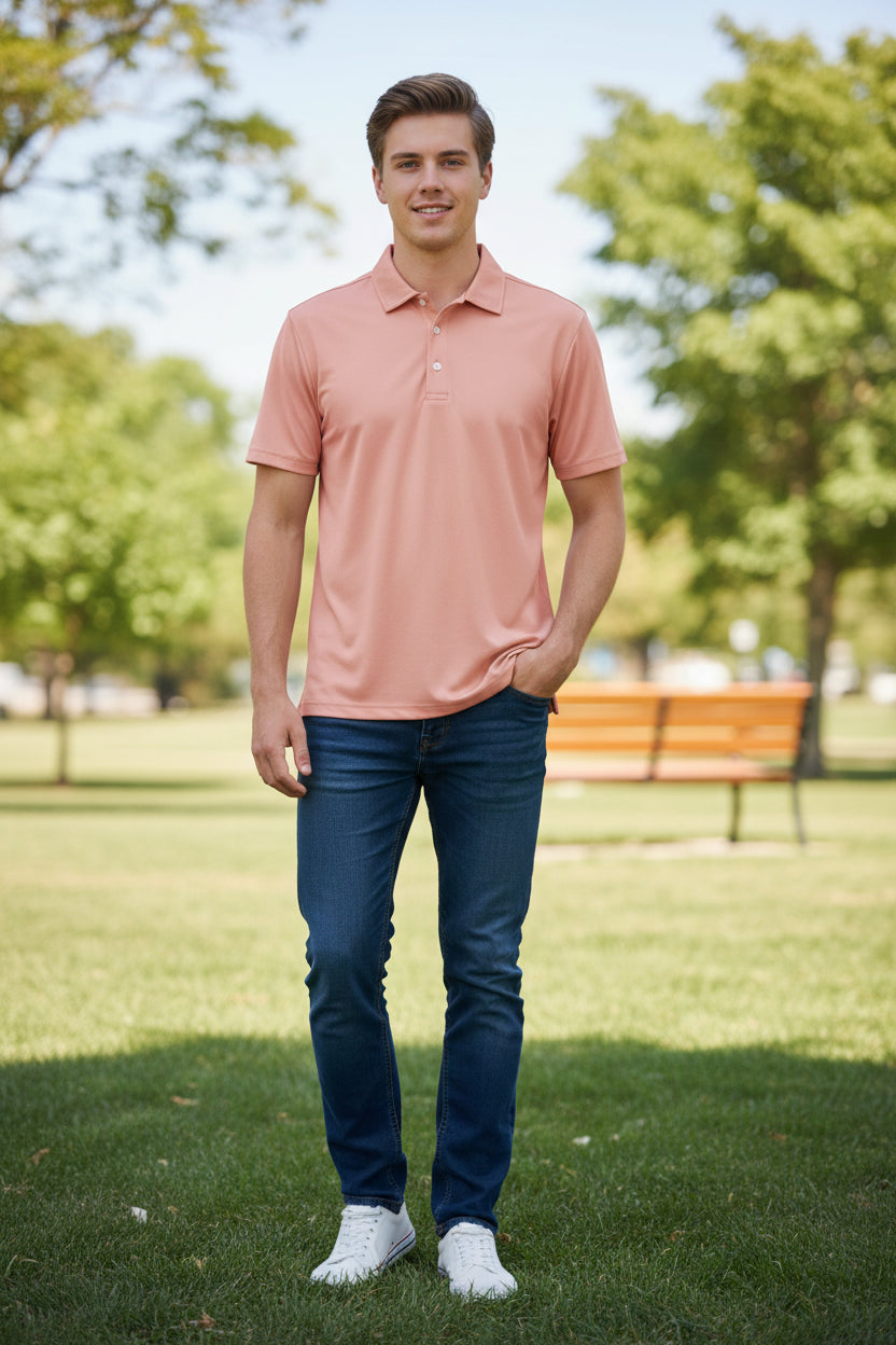 Pink polo shirt on a white background