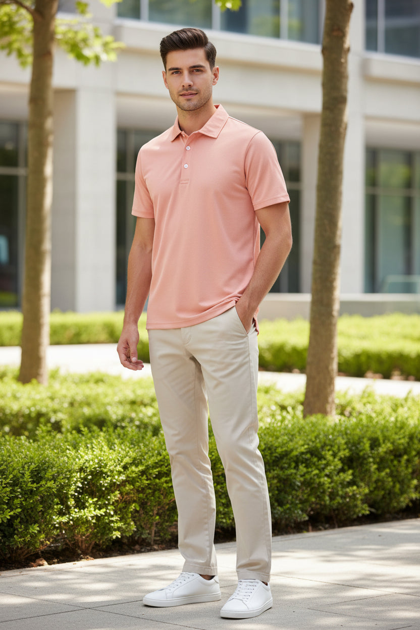 Pink polo shirt on a white background