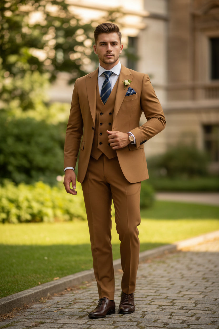 Brown suit with a tie and pocket square on a white background