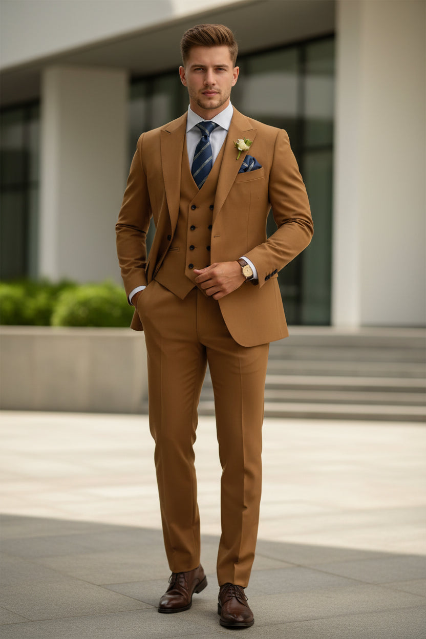 Brown suit with a tie and pocket square on a white background