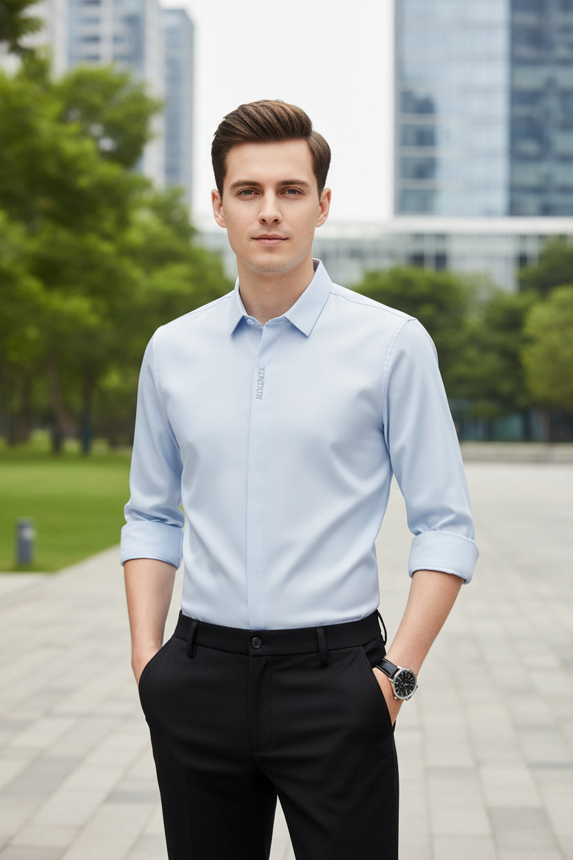 Light blue dress shirt with rolled-up sleeves worn by a person on a gray background