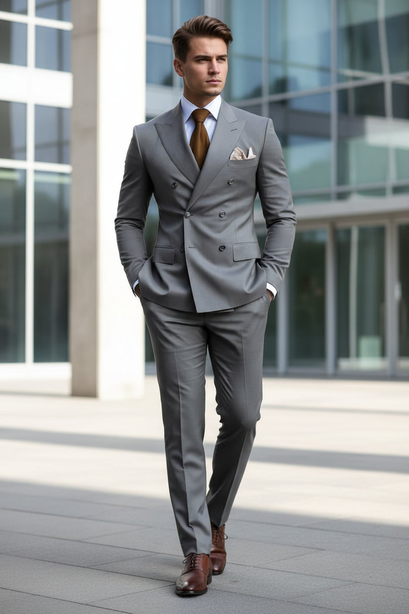 Gray suit with a brown tie and white shirt on a dark background