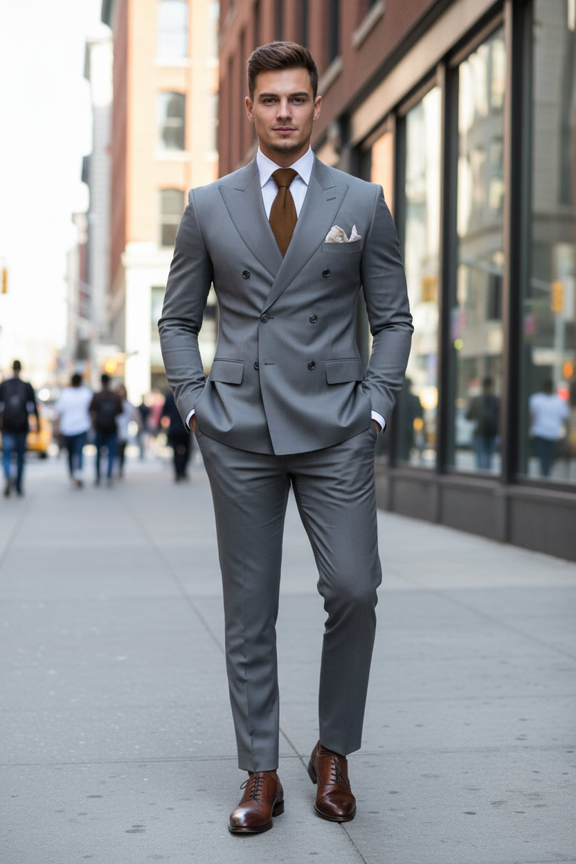 Gray suit with a brown tie and white shirt on a dark background