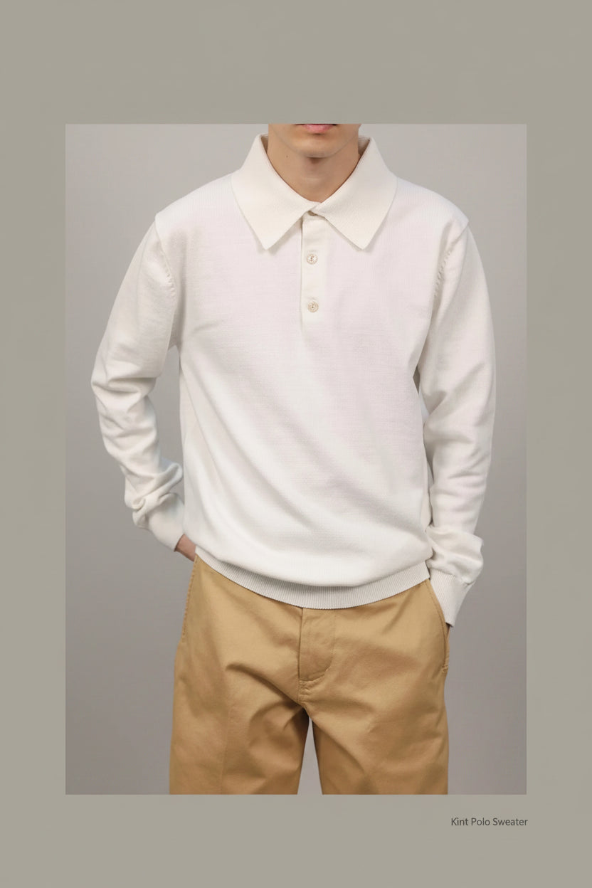 Person wearing a white long-sleeve polo shirt and beige pants against a green background