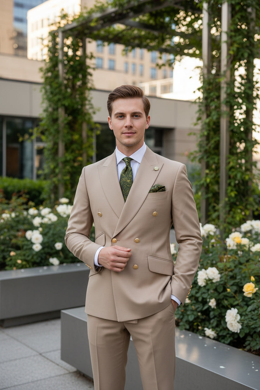 Beige suit with matching jacket and pants on a mannequin, featuring a green tie and pocket square.