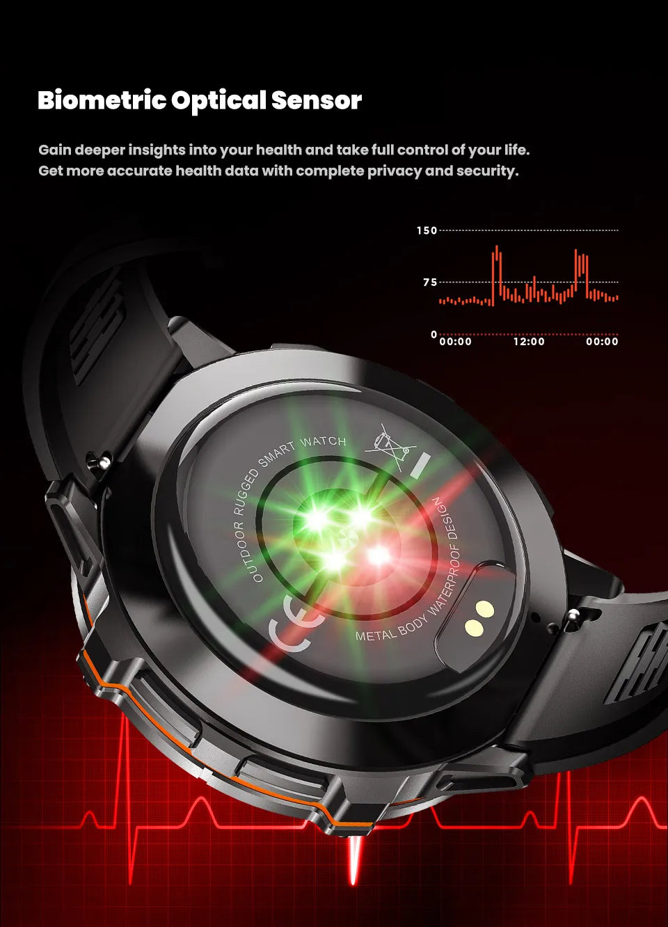 Smartwatch with biometric optical sensor on a dark background
