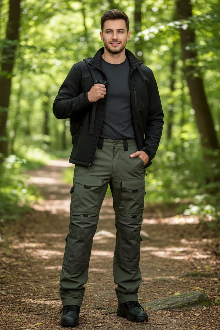 Green tactical pants with multiple pockets on a white background