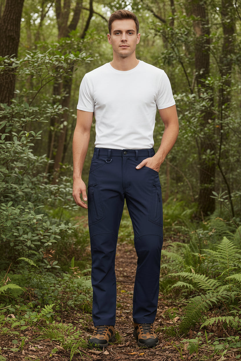 Navy blue pants worn by a person on a white background