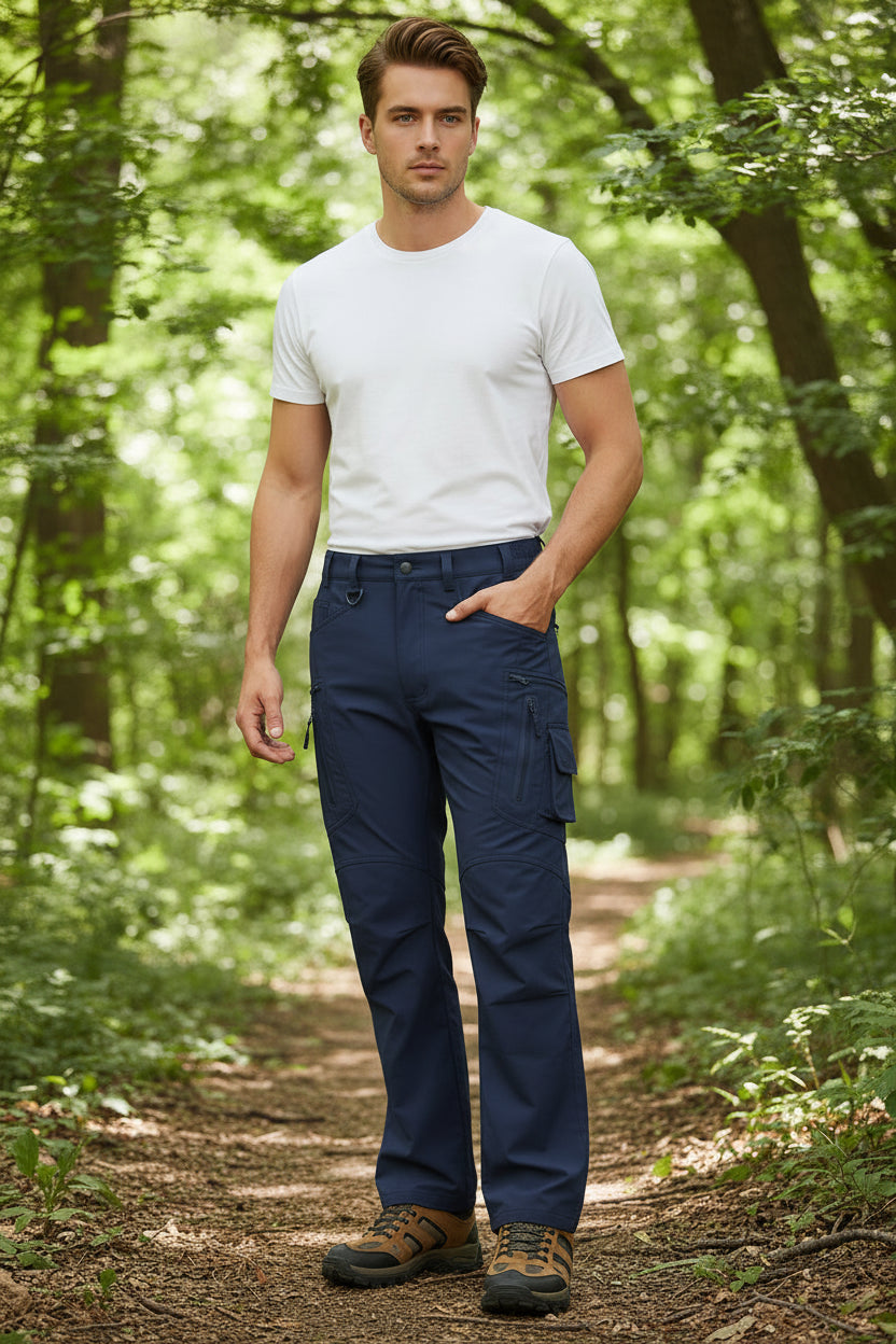 Navy blue pants worn by a person on a white background