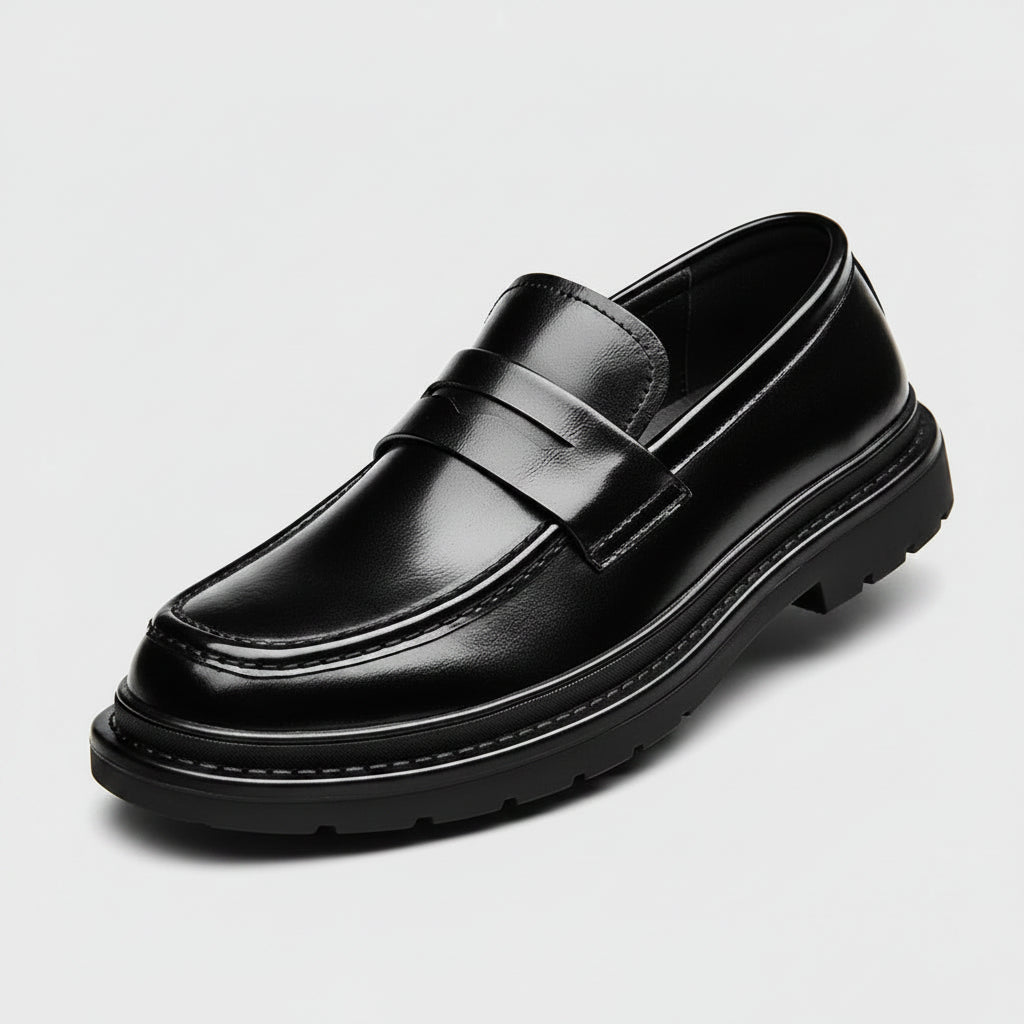 Black leather loafer shoe on a white background