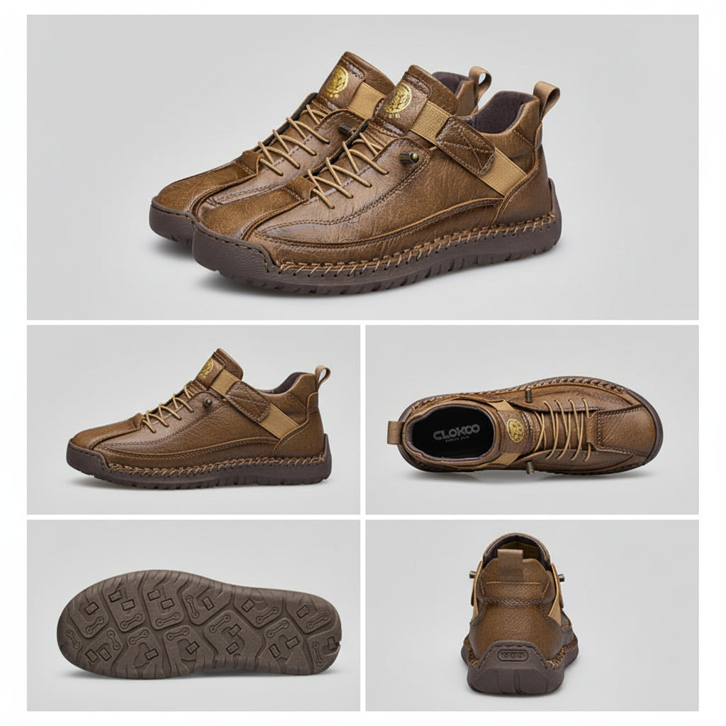 Brown leather shoes with multiple angles on a white background