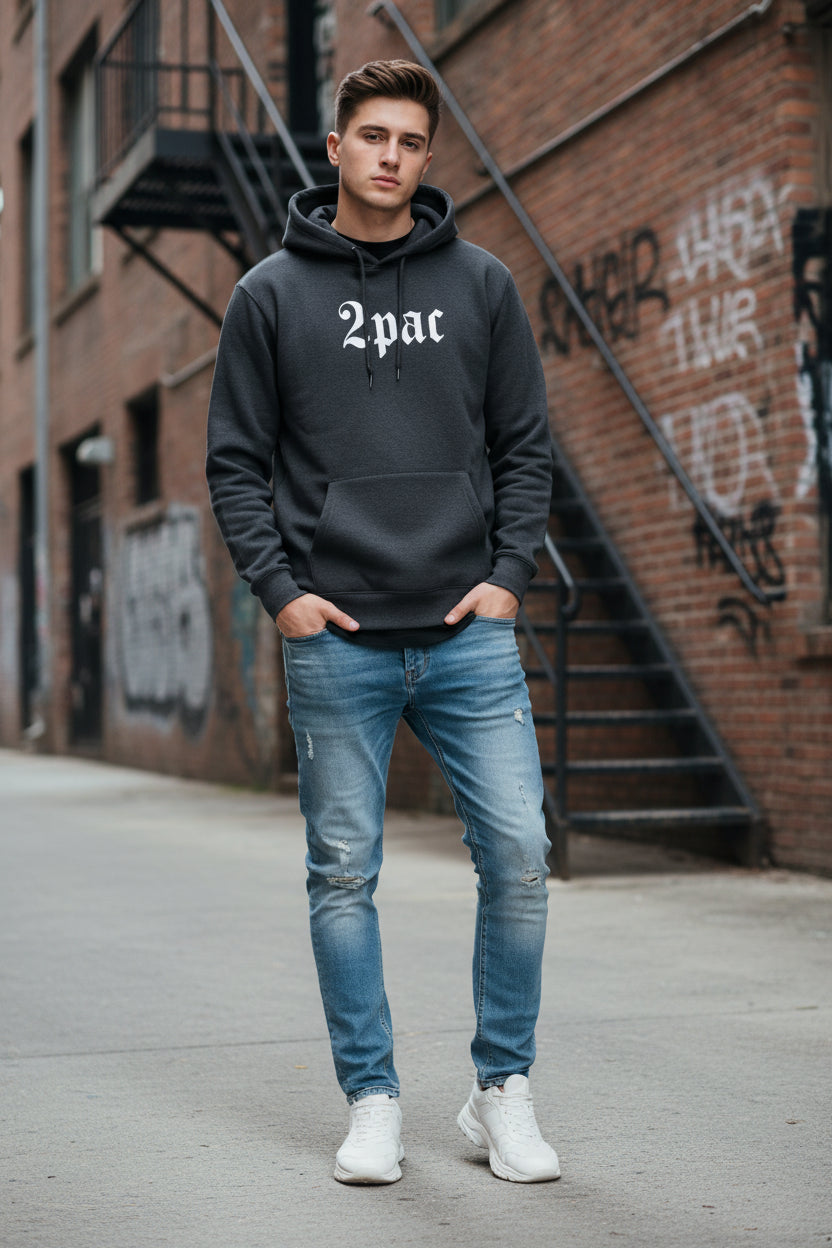 Black hoodie with '2Pac' text on front and back, featuring a graphic of two men and text on the back.