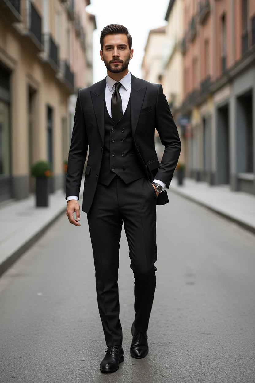 Man wearing a black suit with a tie on a city street