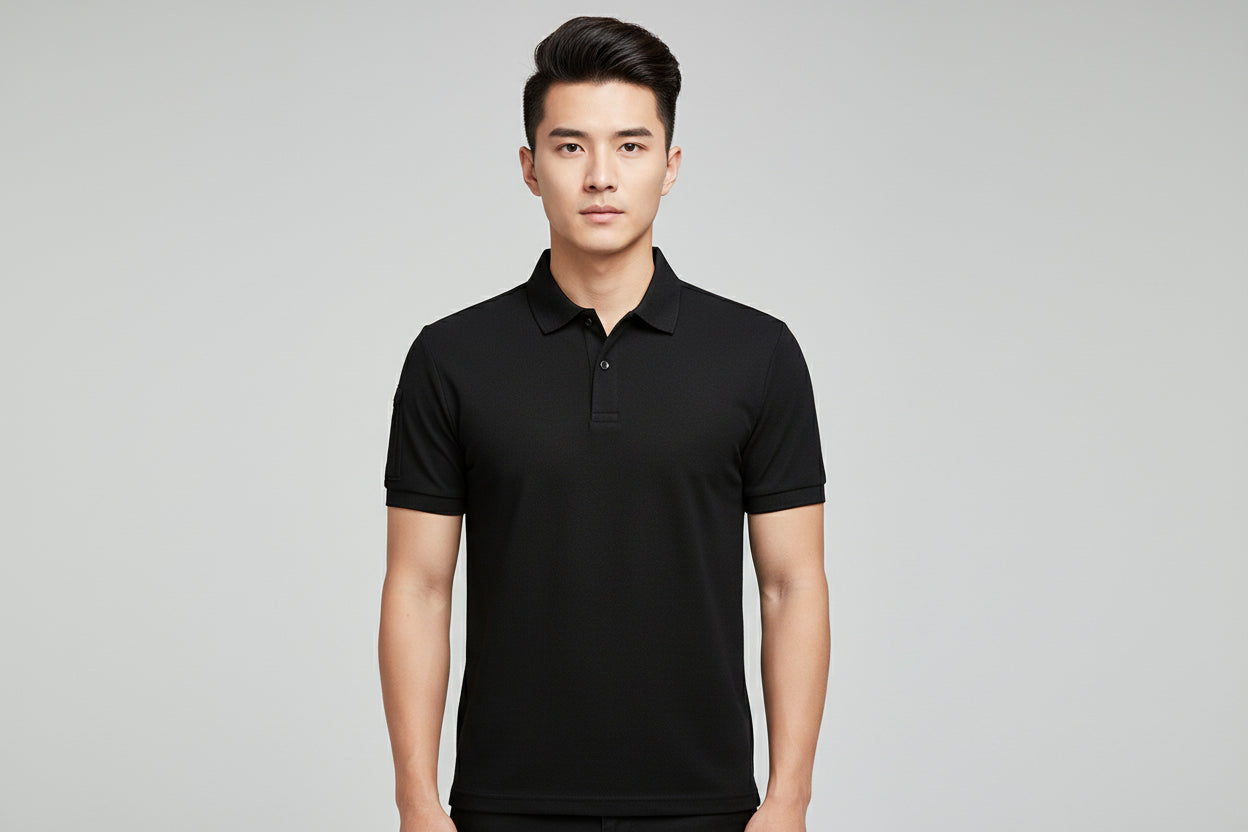 Black polo shirt on a white background