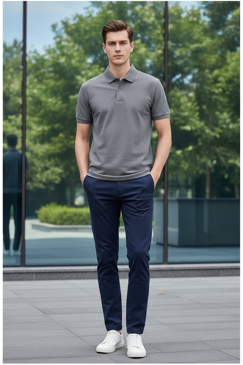 Gray polo shirt on a hanger with a hand holding it, against a blurred indoor background.