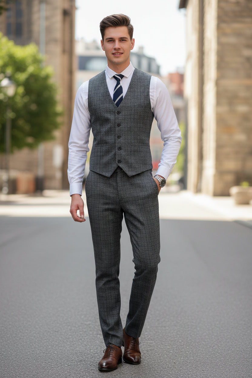 Person wearing a gray checkered suit vest over a white shirt with a blue tie indoors.