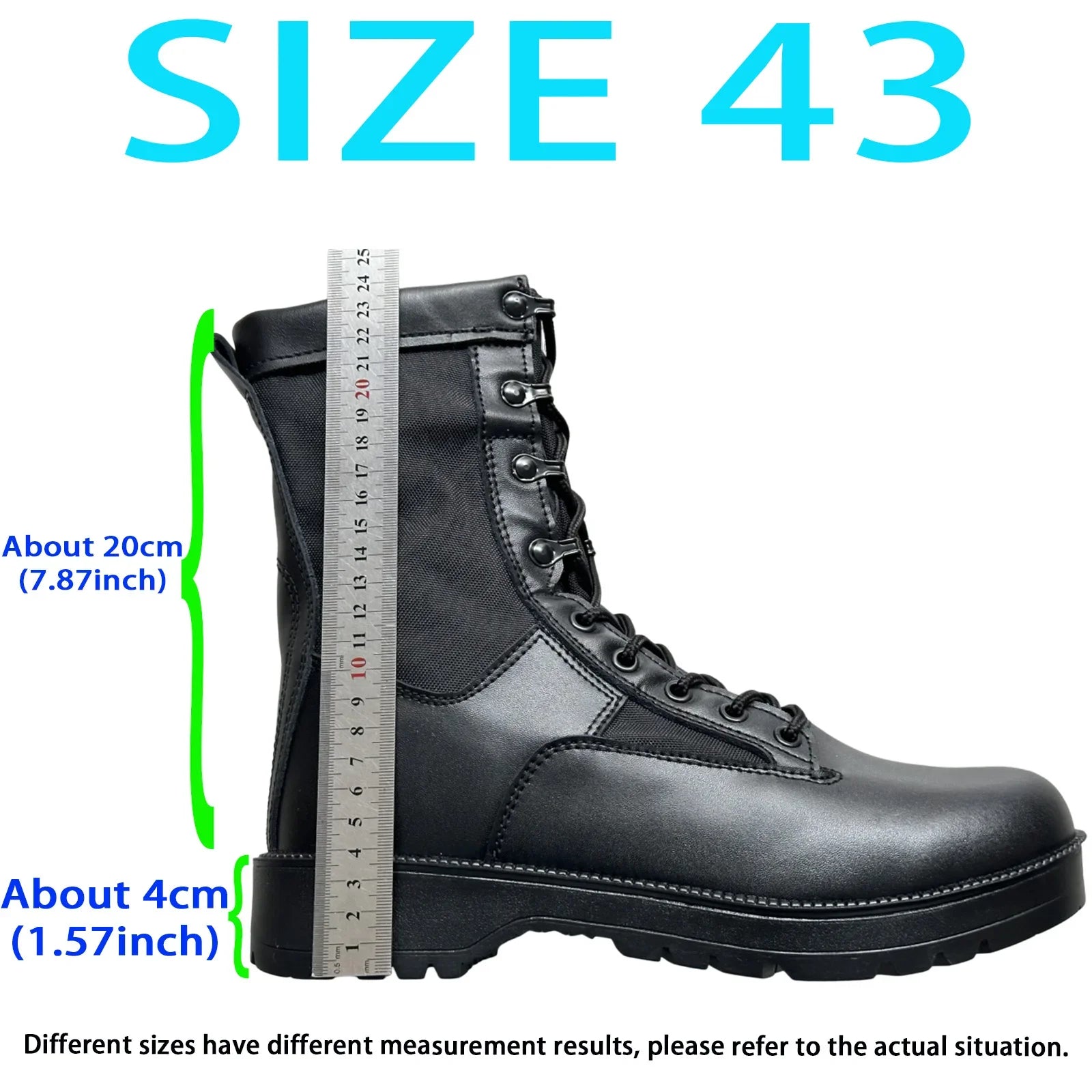 Black boot with a measuring tape indicating its size on a white background