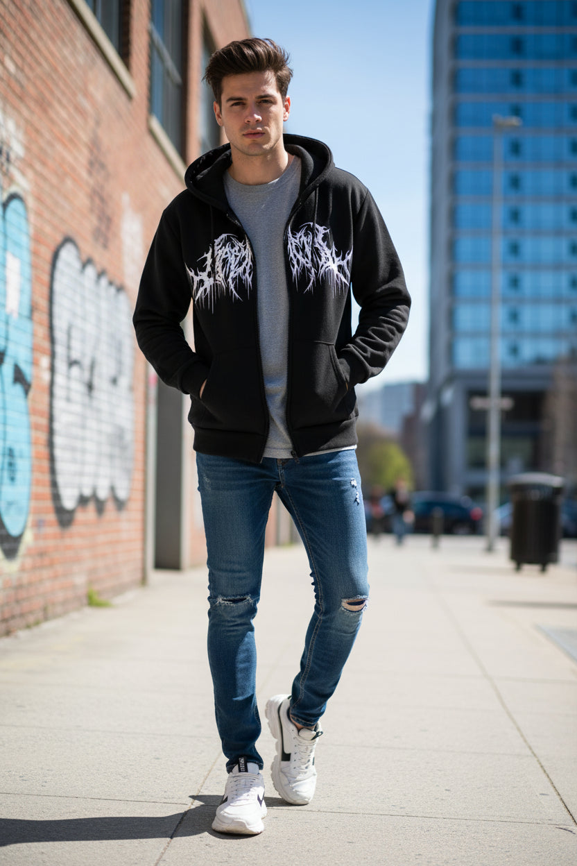 Y2K Zip-Up hoodie, men, with graphic prints, hip hop style, gothi