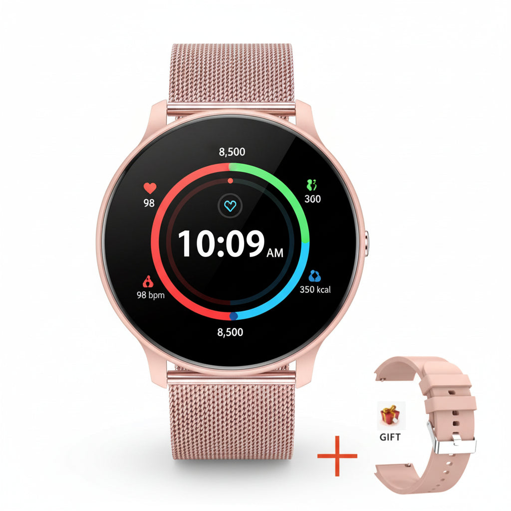 Rose gold smartwatch with digital display and additional band on a white background