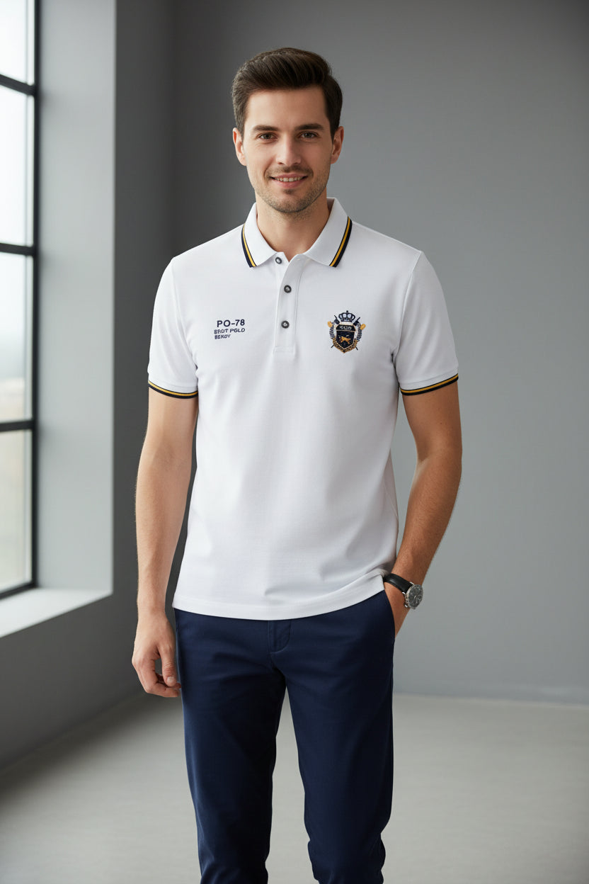 White polo shirt with a logo on a dark gray background
