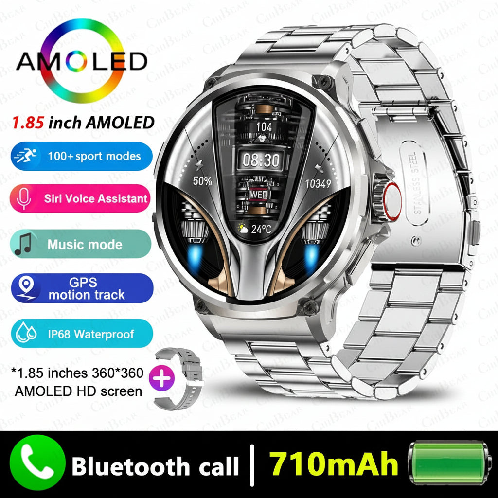 Silver smartwatch with AMOLED display and feature highlights on a white background