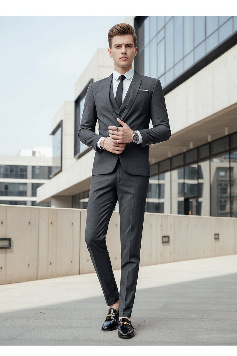 Man wearing a gray suit with a white shirt and black shoes in an urban setting.