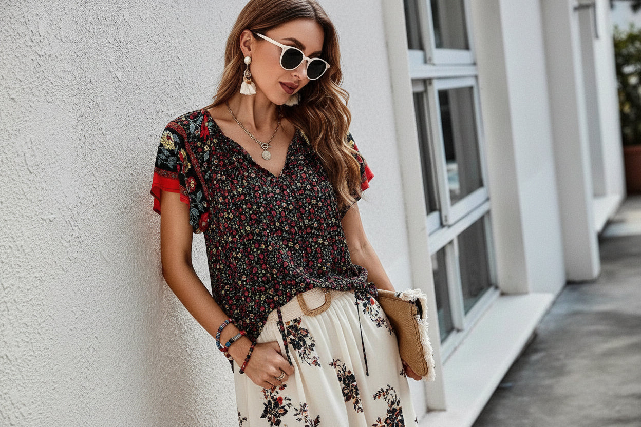 Woman wearing a floral top and denim shorts, standing against a textured wall.