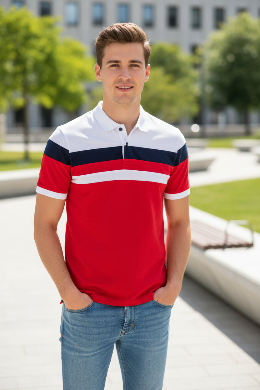 Color-blocked polo shirt with white, blue, and red stripes on a white background