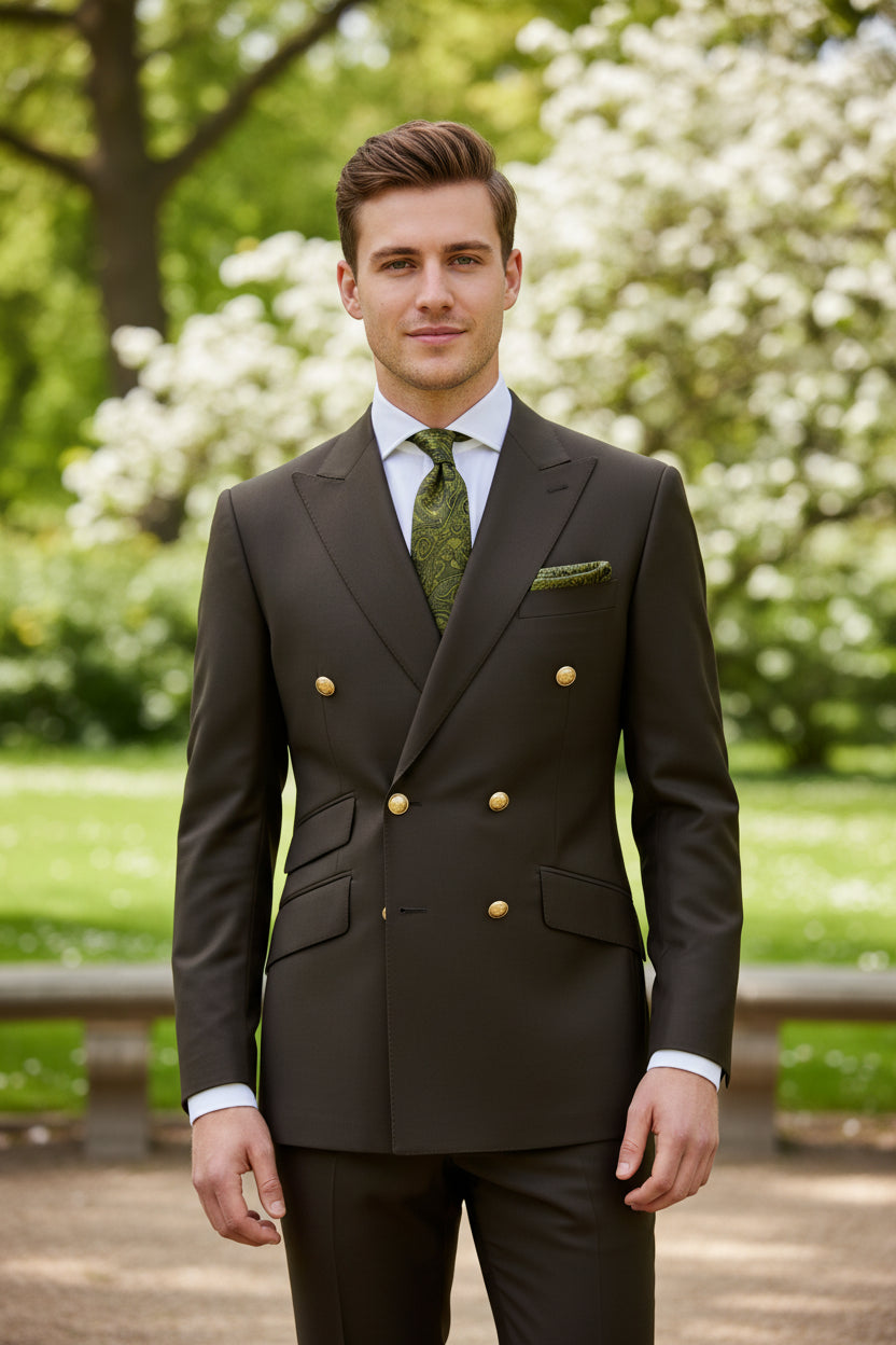 Brown suit jacket with gold buttons and matching pants on a white background