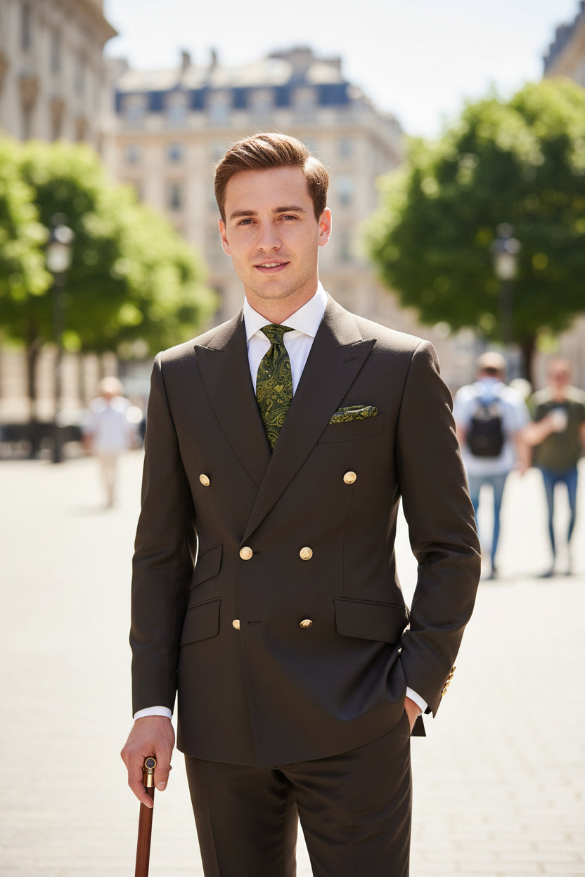 Brown suit jacket with gold buttons and matching pants on a white background