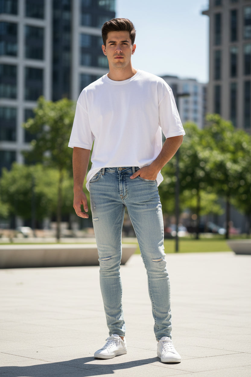 Light blue jeans with a brand label on a white background