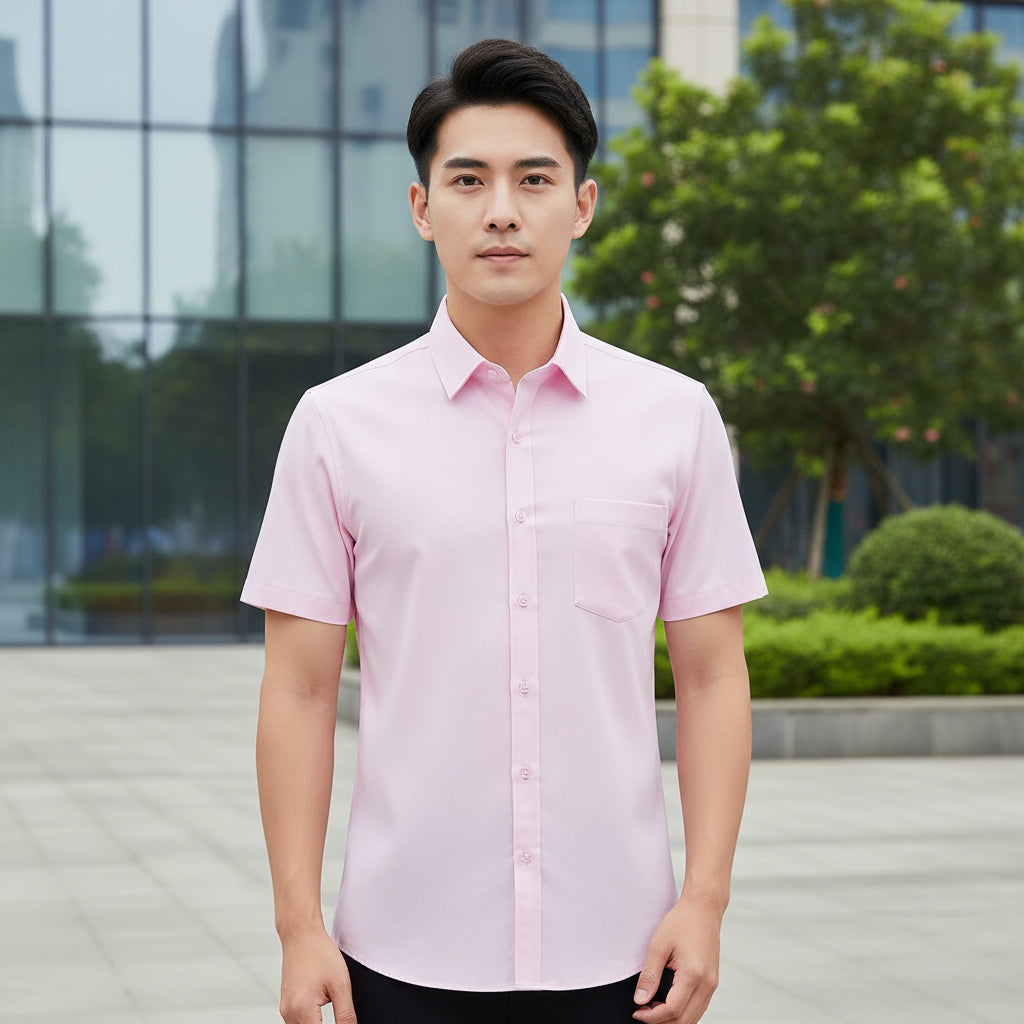 Folded pink dress shirt on a white background