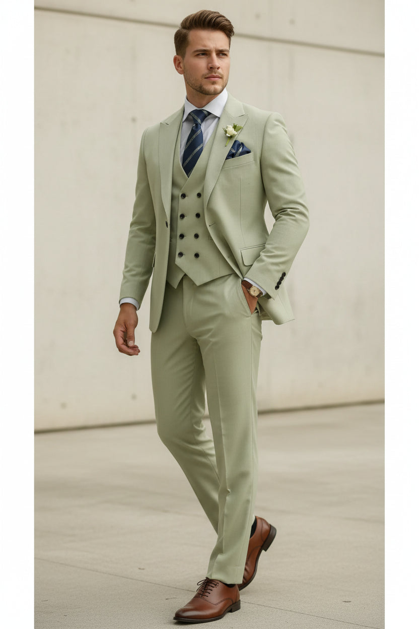 Light green suit with a tie and pocket square on a white background