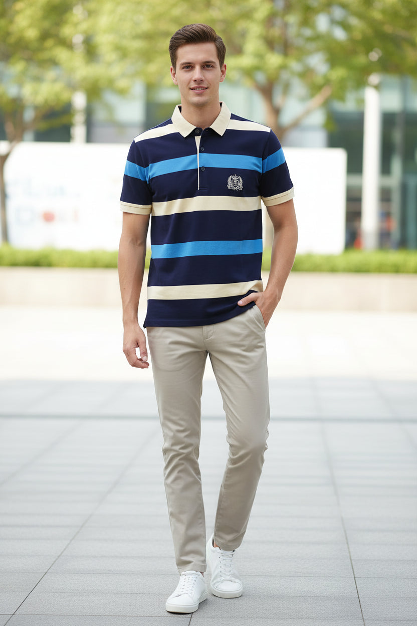 Navy blue polo shirt with white and blue stripes on a gray background
