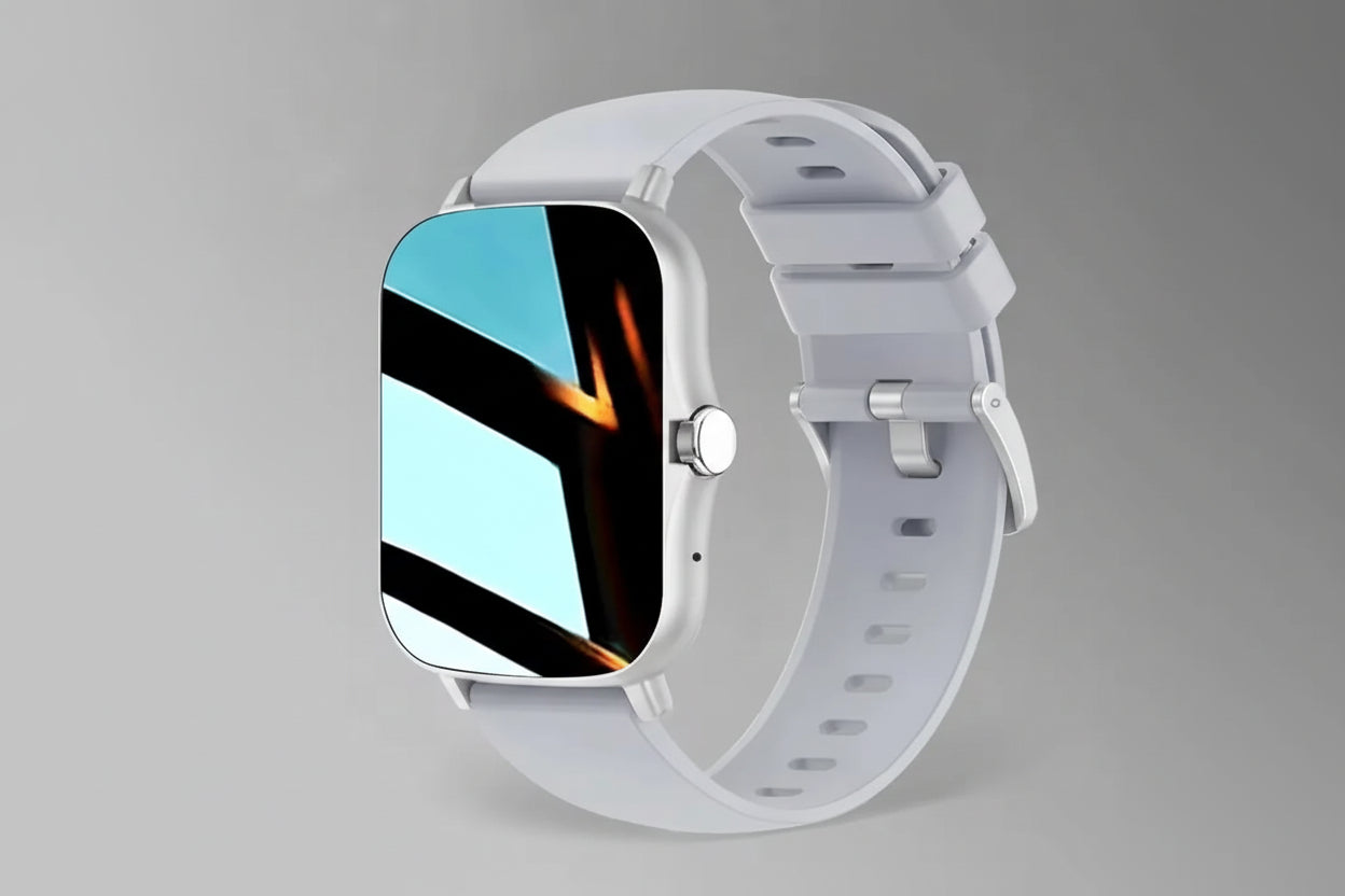 White smartwatch with a colorful display on a gray background