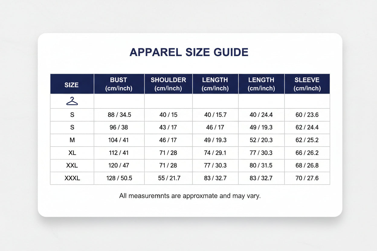 Size information chart with measurements in centimeters and inches for clothing.
