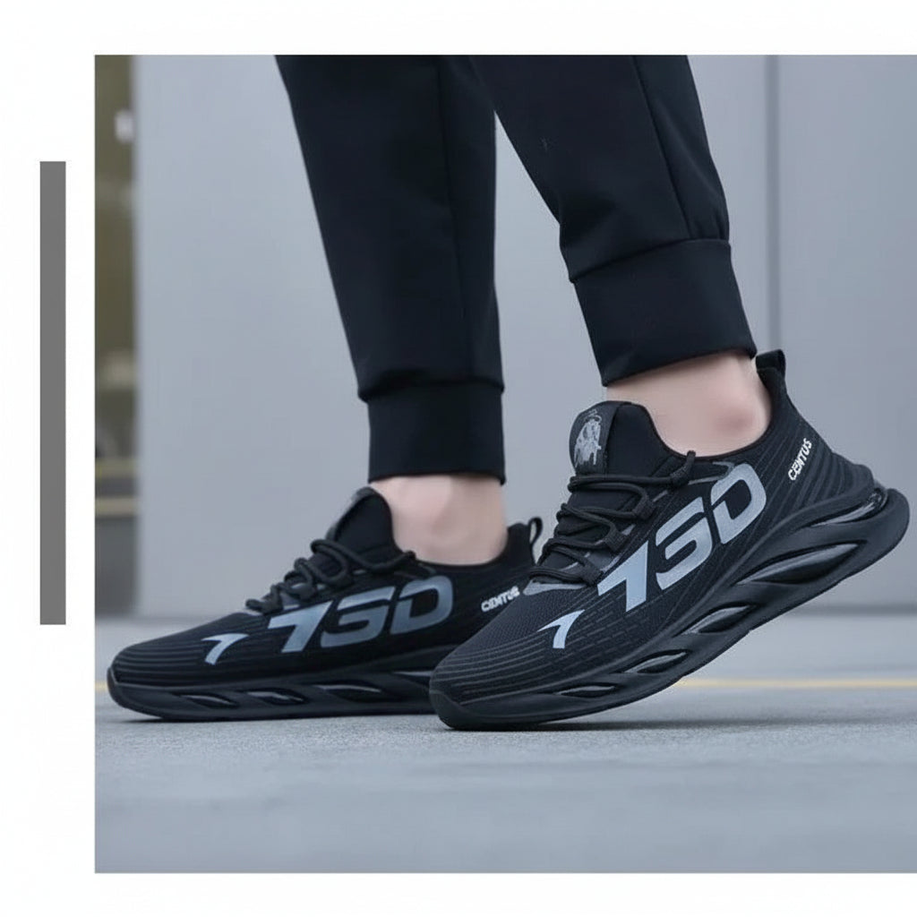 Black athletic shoes with '750' branding worn by a person indoors.