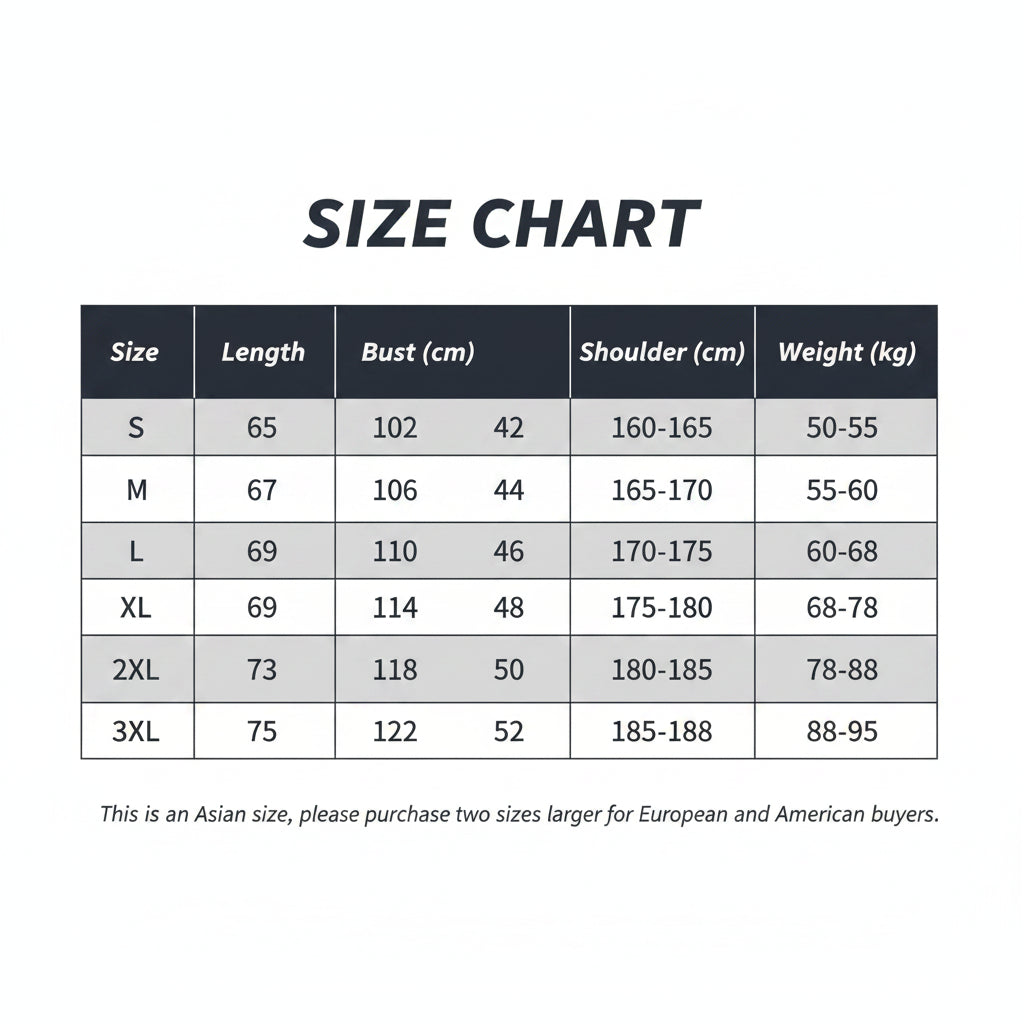 Size chart for clothing measurements on a white background