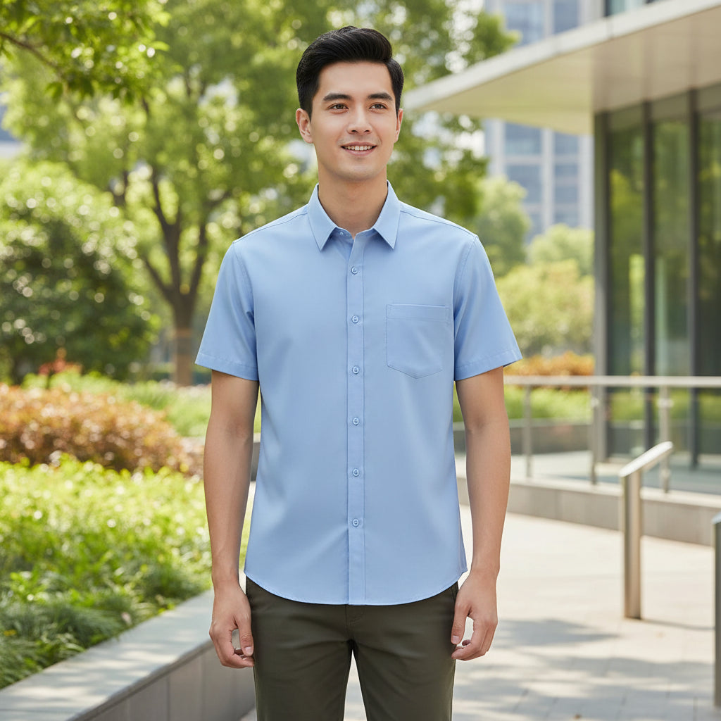 Light blue short-sleeve shirt on a white background