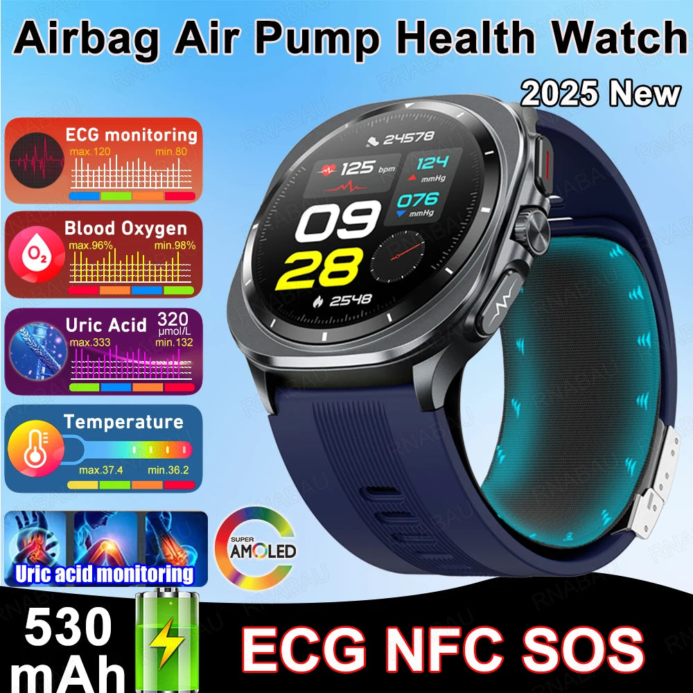 Smartwatch with health monitoring features on a blue background