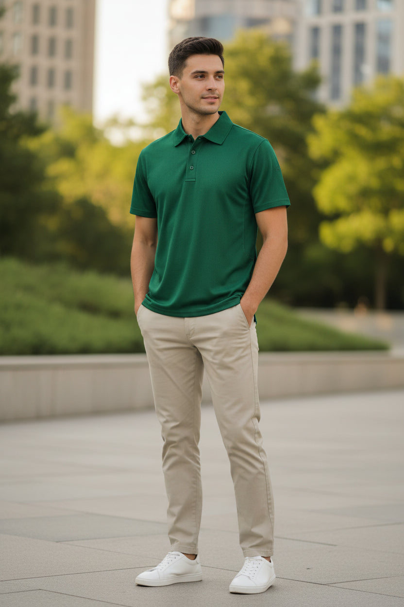 Green polo shirt on a white background