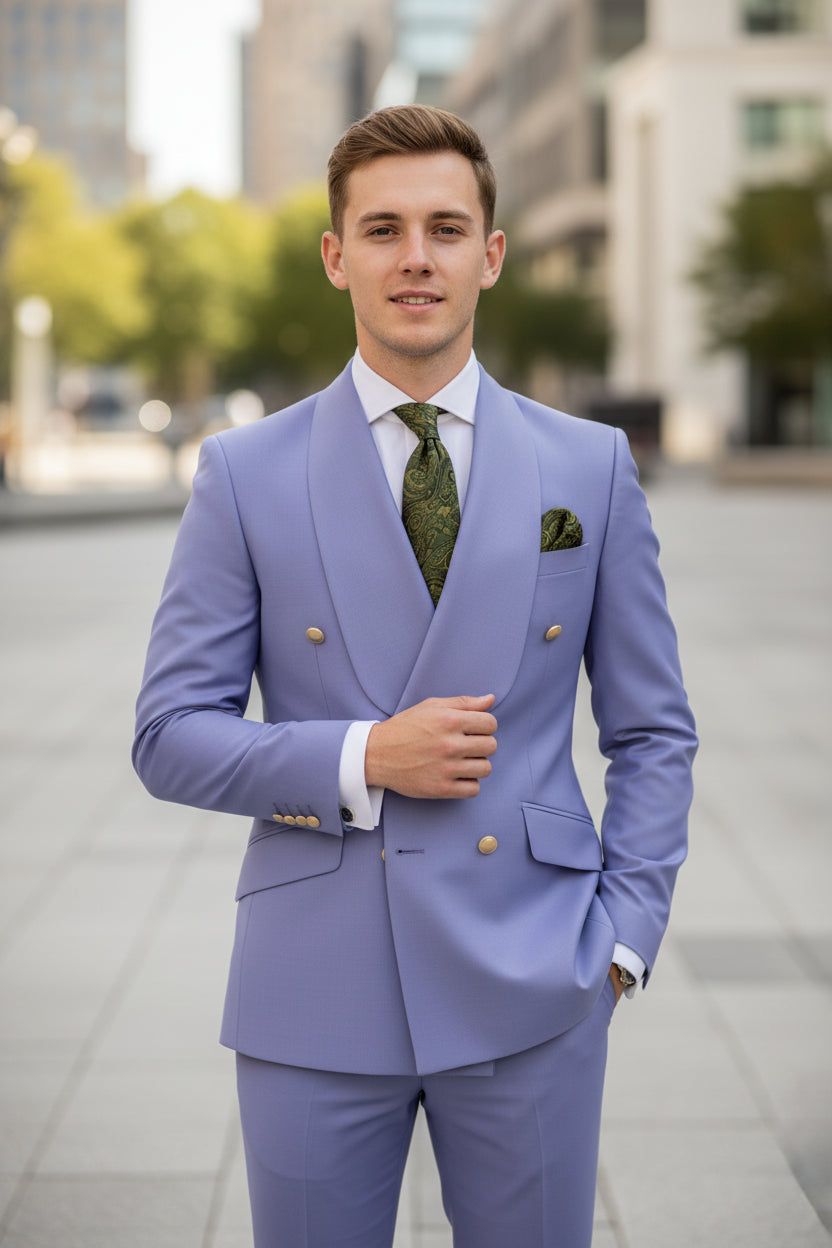 Light purple suit with green tie and pocket square on a white background