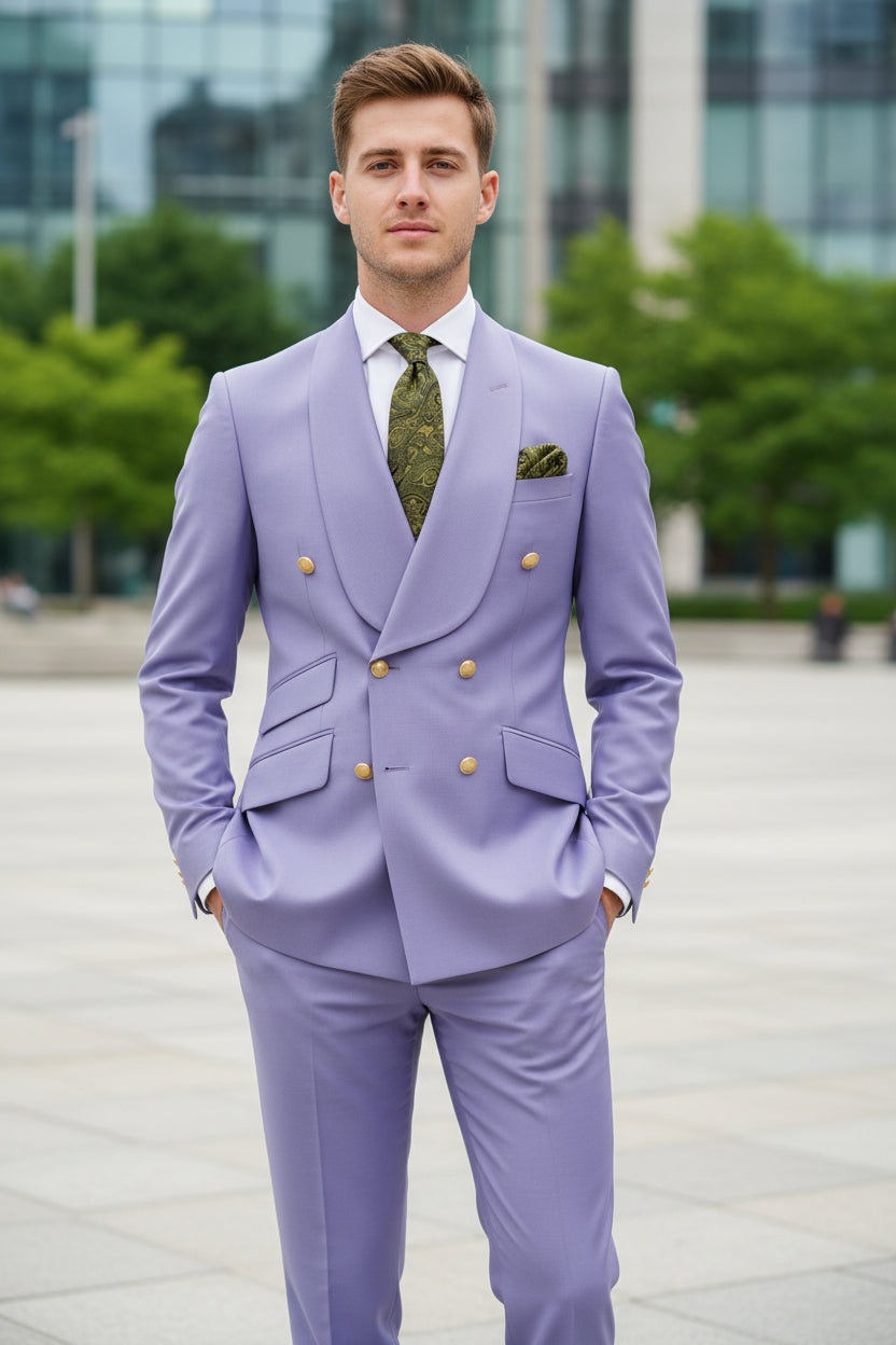 Light purple suit with green tie and pocket square on a white background