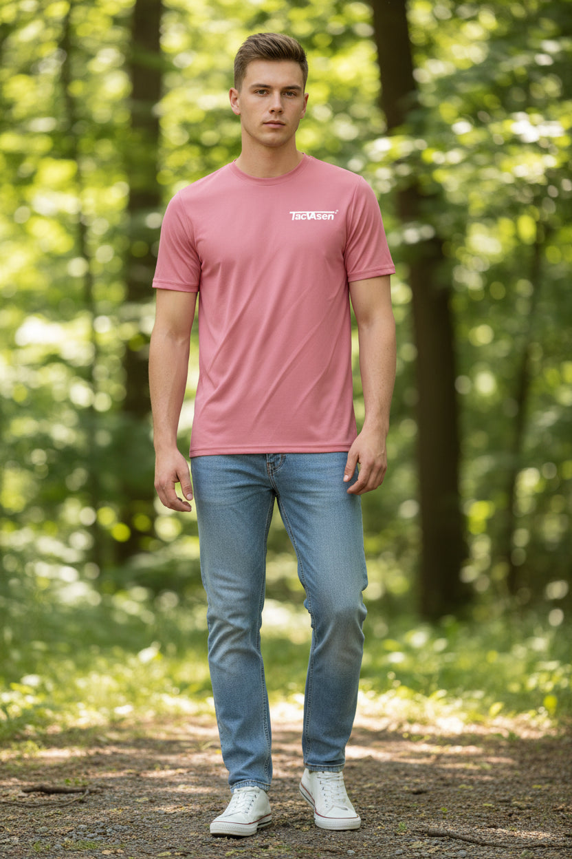 Pink t-shirt with Tac Vasen branding on a white background